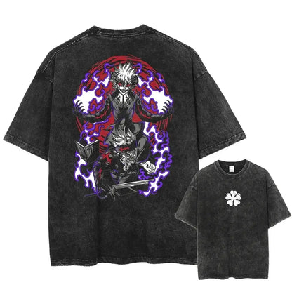 Back side of black distressed cotton t-shirt with black clover asta graphic and smaller matching washed cotton tee