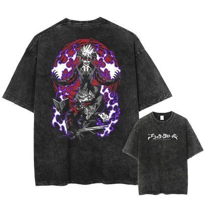Black clover asta oversized t-shirt in distressed washed cotton featuring killua graphic with purple flames on black background