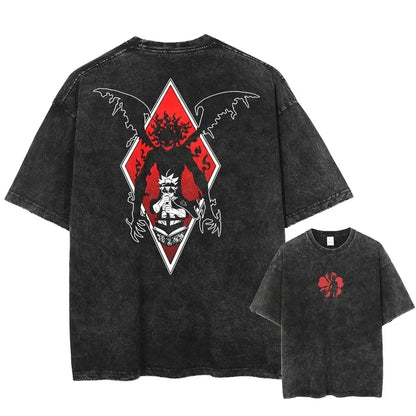 Back view of black clover asta oversized black distressed t-shirt in washed cotton with red and white anime graphic wings