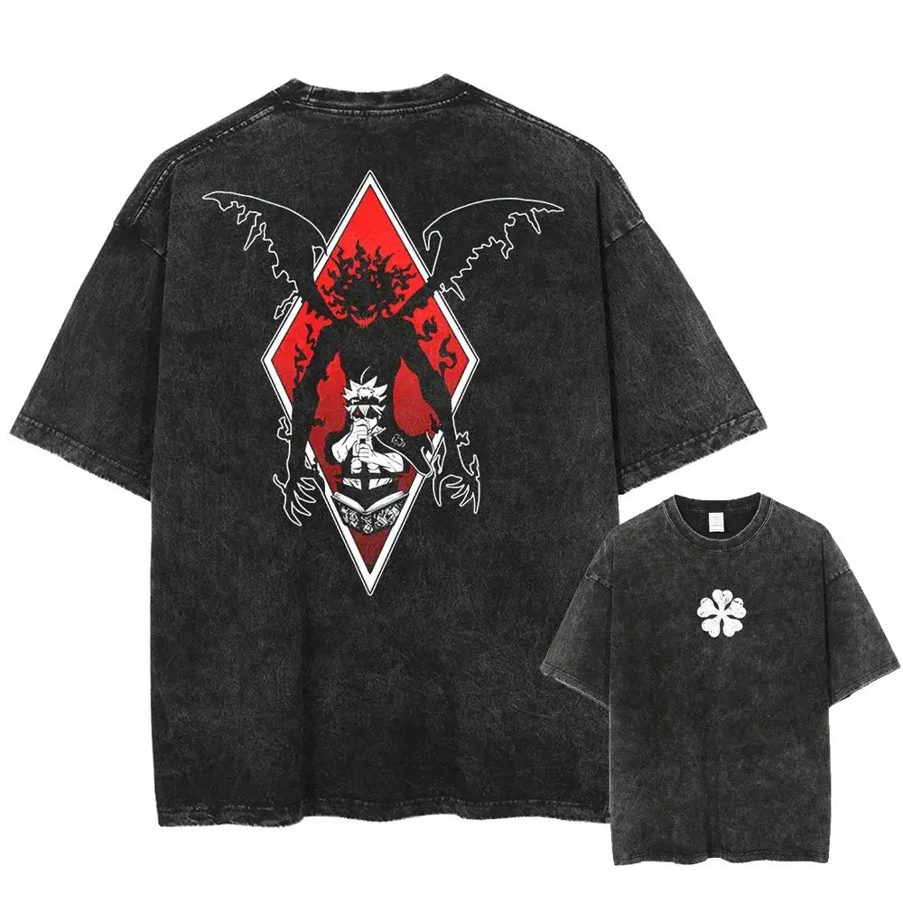 Back of black clover asta oversized t-shirt in distressed washed cotton with red white anime winged diamond graphic and clover emblem