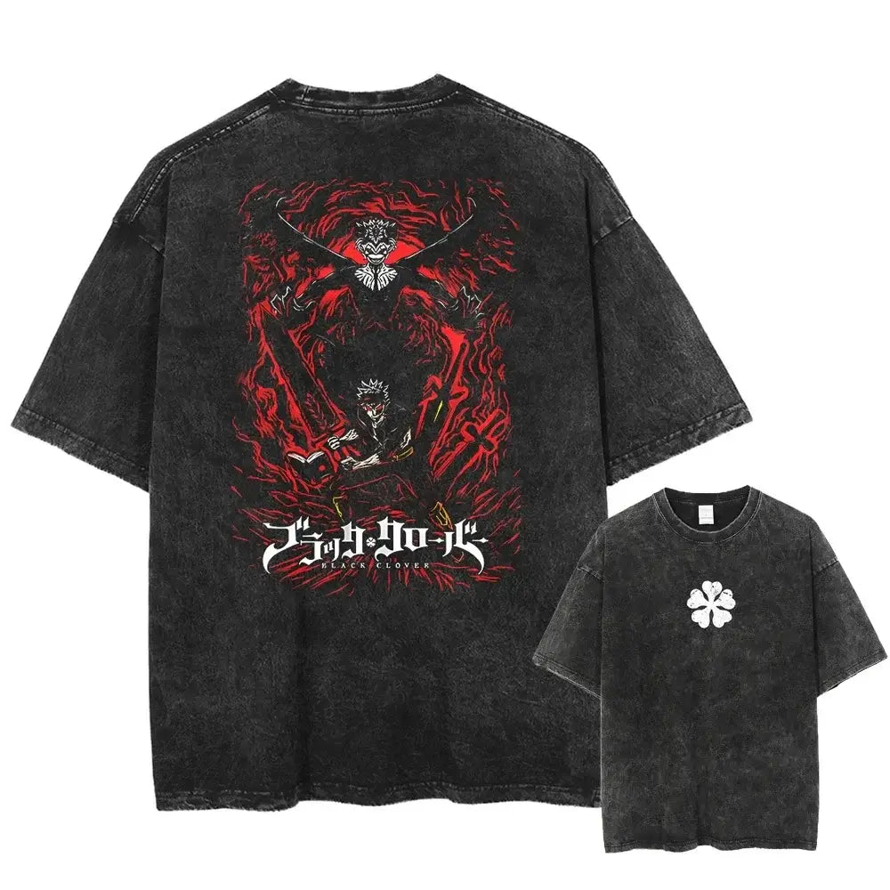 Black distressed cotton t-shirt in washed cotton featuring bold red and black clover graphic on back black clover asta