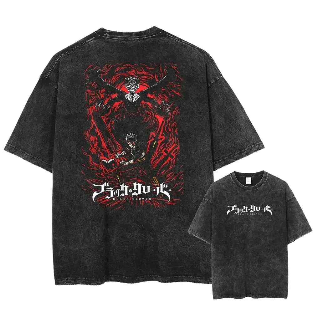 Back view of black distressed black clover asta oversized t-shirt with bold red and black graphic on washed cotton