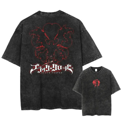 Black distressed cotton t-shirt with black clover asta graphic on back and chest in washed cotton material