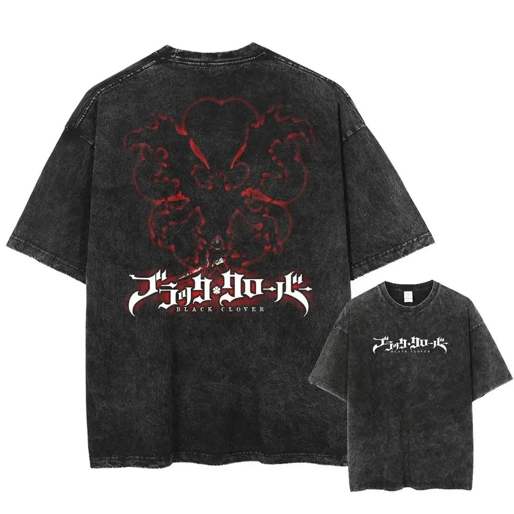 Black distressed cotton t-shirt in washed cotton featuring red and white black clover asta graphic on back