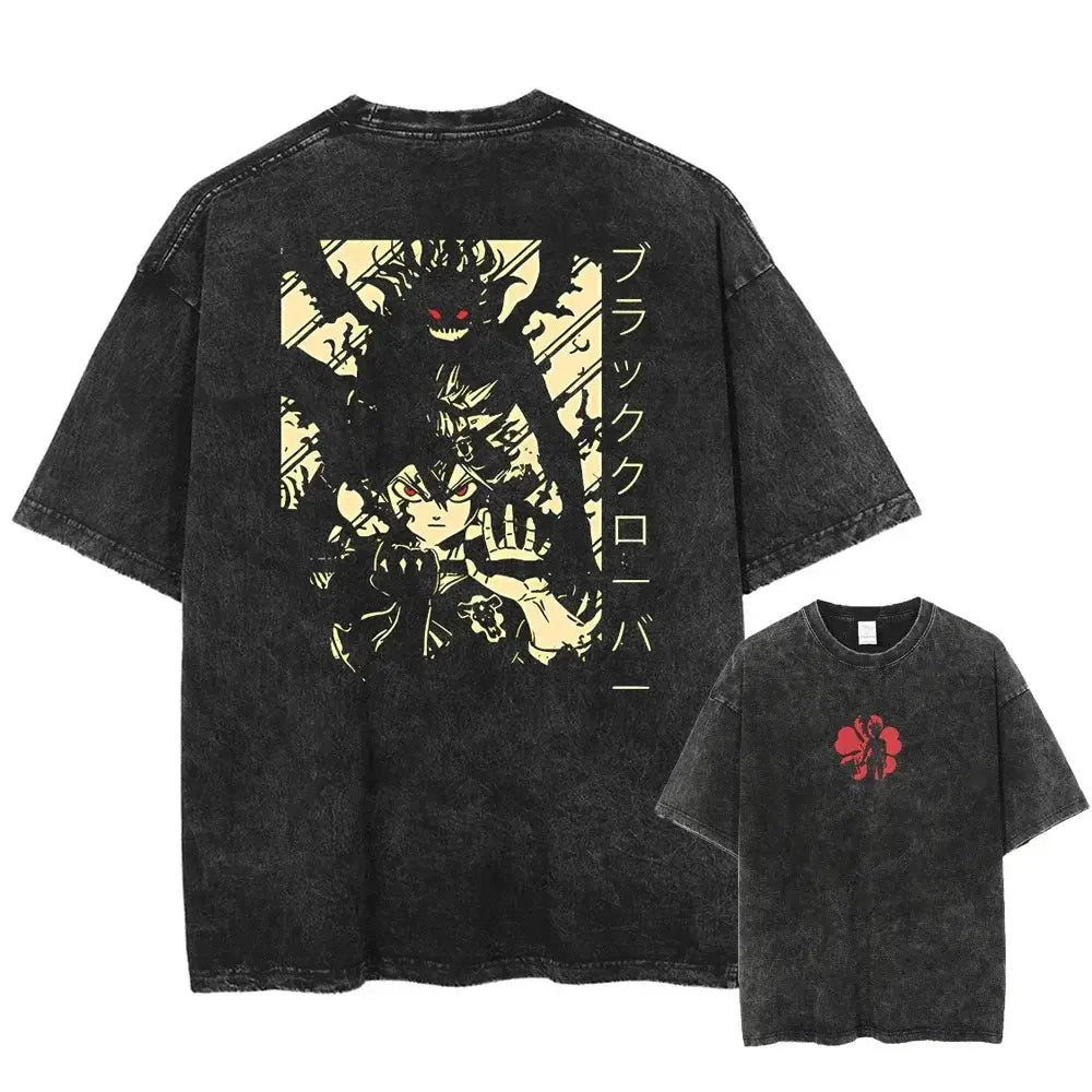 Back of black distressed black clover asta oversized t-shirt in washed cotton with yellow red anime graphic and hibiscus design