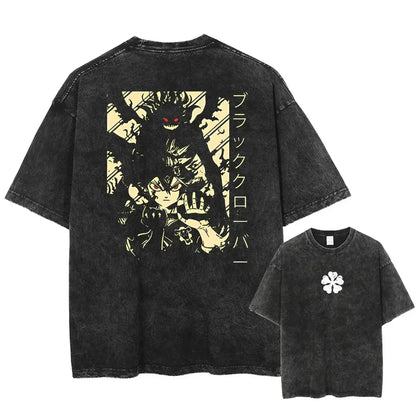 Black clover asta oversized t-shirt in black distressed washed cotton with faded yellow anime graphic and red eyes design