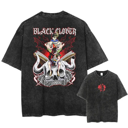 Black distressed cotton t-shirt featuring black clover asta skull graphic in washed cotton for casual wear