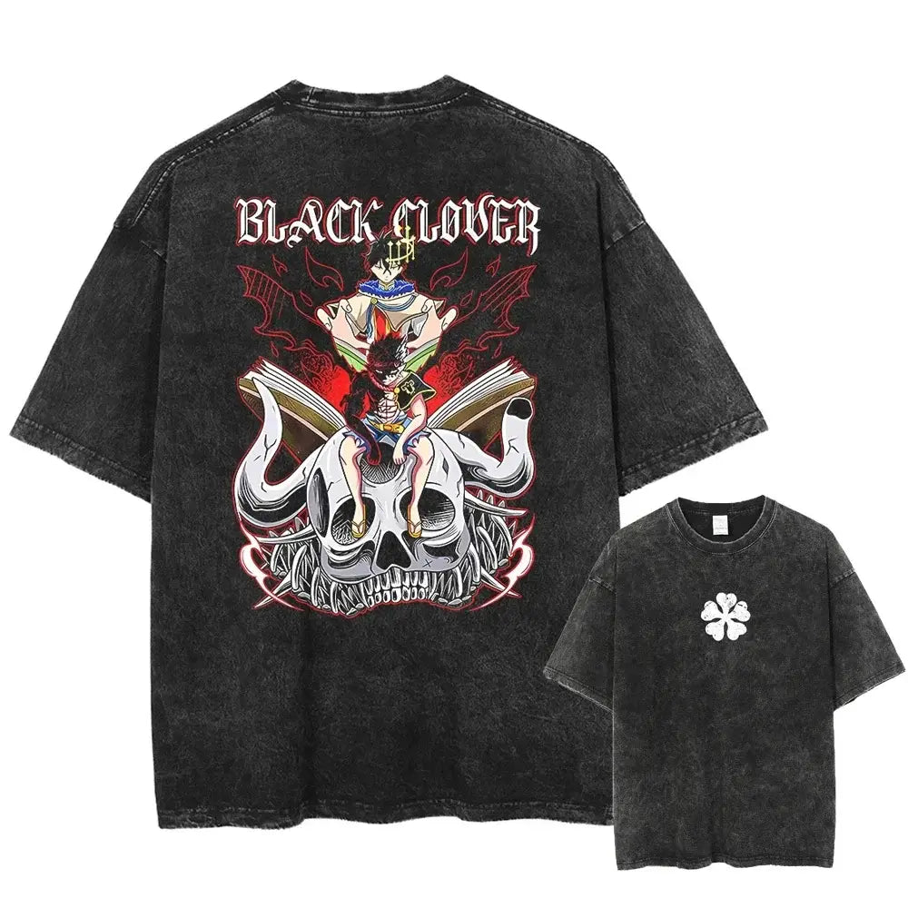 Black distressed washed cotton t-shirt featuring black clover asta graphic with skull and red flames design