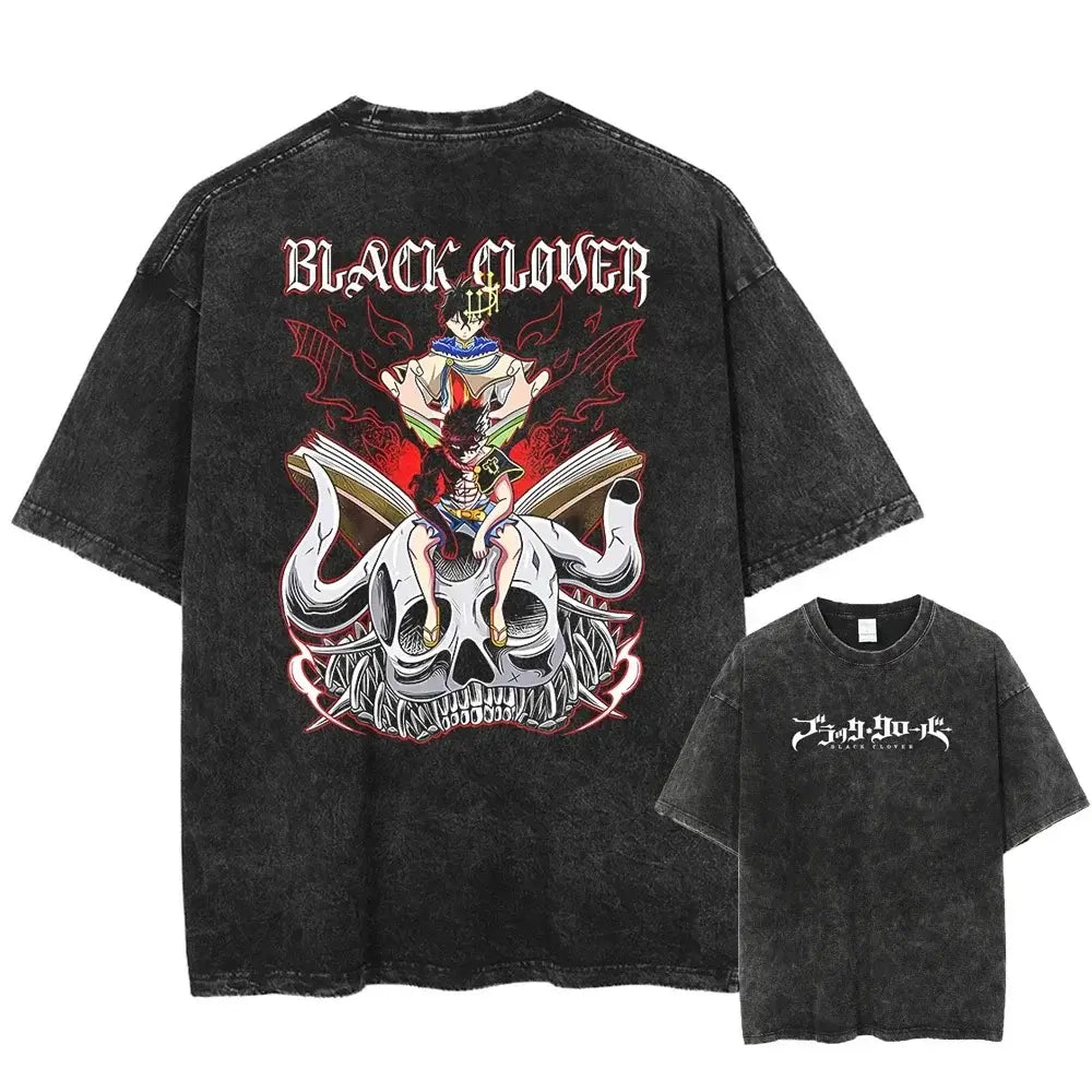 Black distressed cotton t-shirt with detailed black clover asta graphic on skull and flames in washed cotton fabric