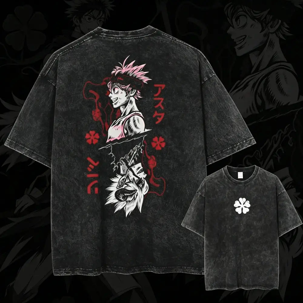Back view of black clover asta black distressed t shirt in washed cotton with asura graphic red japanese text and clover motifs