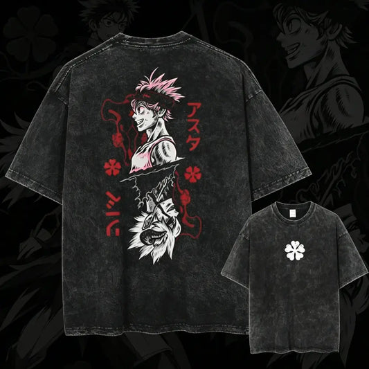 Back view of black clover asta black distressed t shirt in washed cotton with asura graphic red japanese text and clover motifs