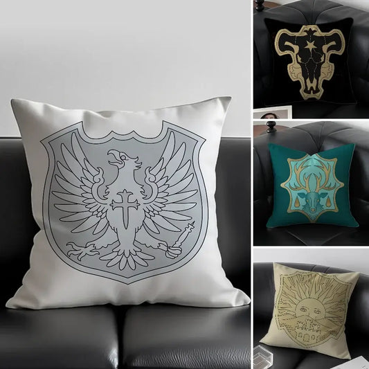 White black clover asta pillow case with gray eagle emblem in silky short plush fabric and zipper closure