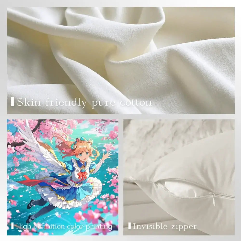 White cotton black clover asta pillow case with a silky short plush feel featuring an anime girl with wings and cherry blossoms