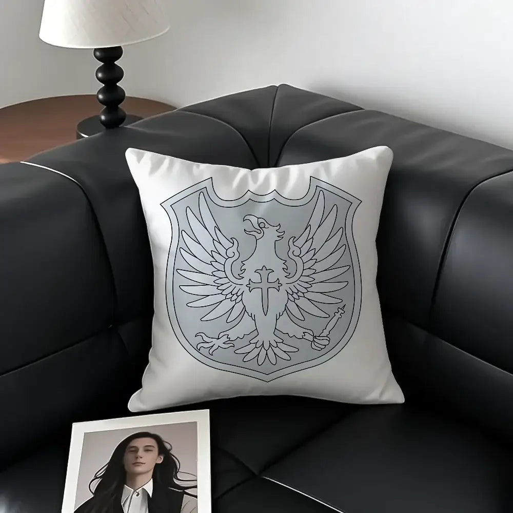 White silky short plush Black Clover Asta pillow case with gray eagle emblem clutching cross and sword on shield design