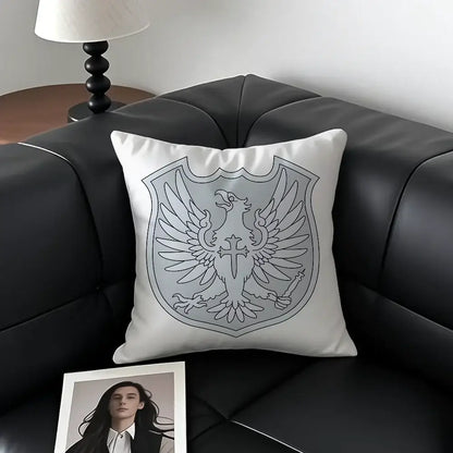 White silky short plush Black Clover Asta pillow case with gray eagle emblem clutching cross and sword on shield design