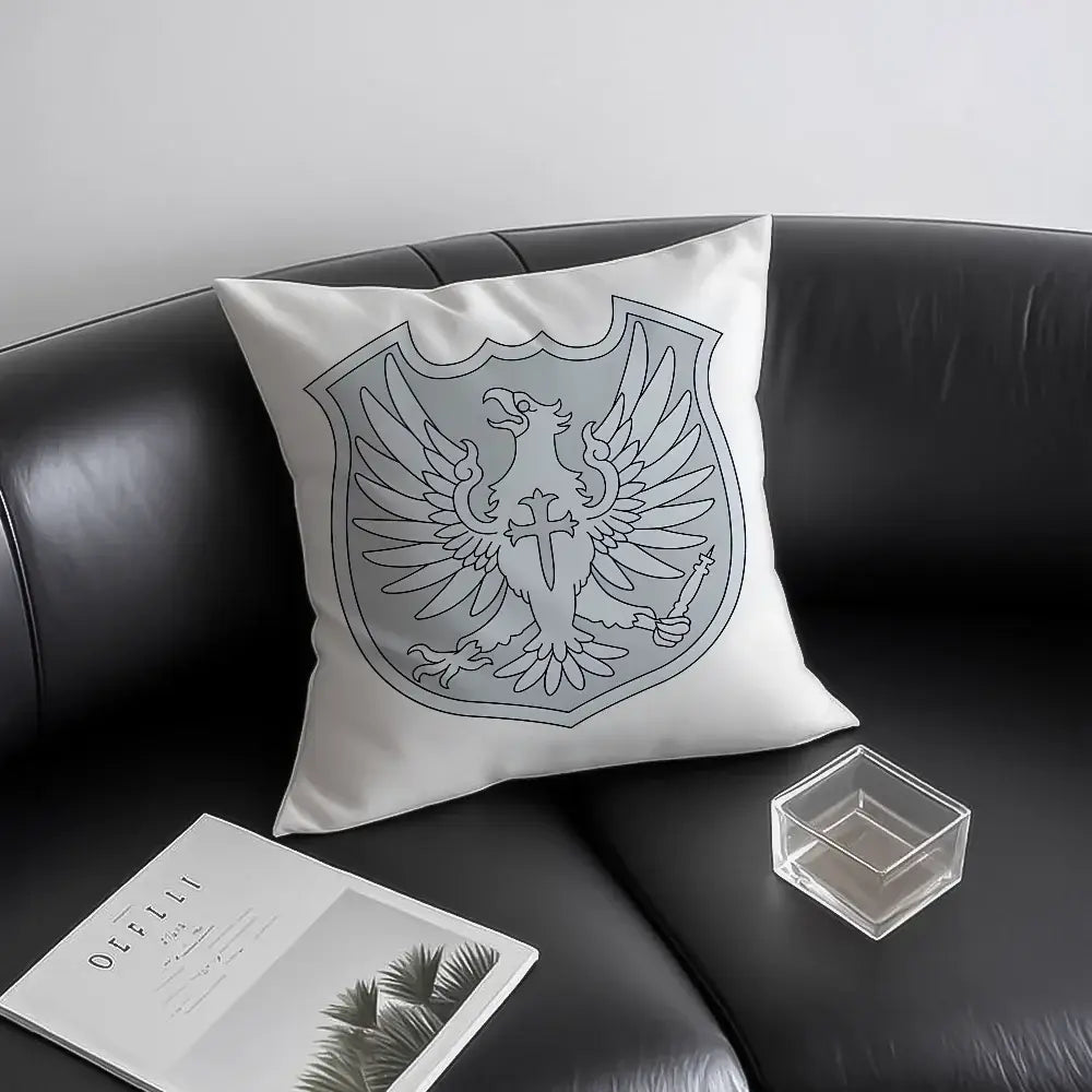 White throw pillow with gray embroidered shield emblem featuring eagle and cross design silky short plush material