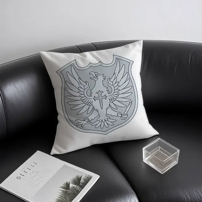White throw pillow with gray embroidered shield emblem featuring eagle and cross design silky short plush material