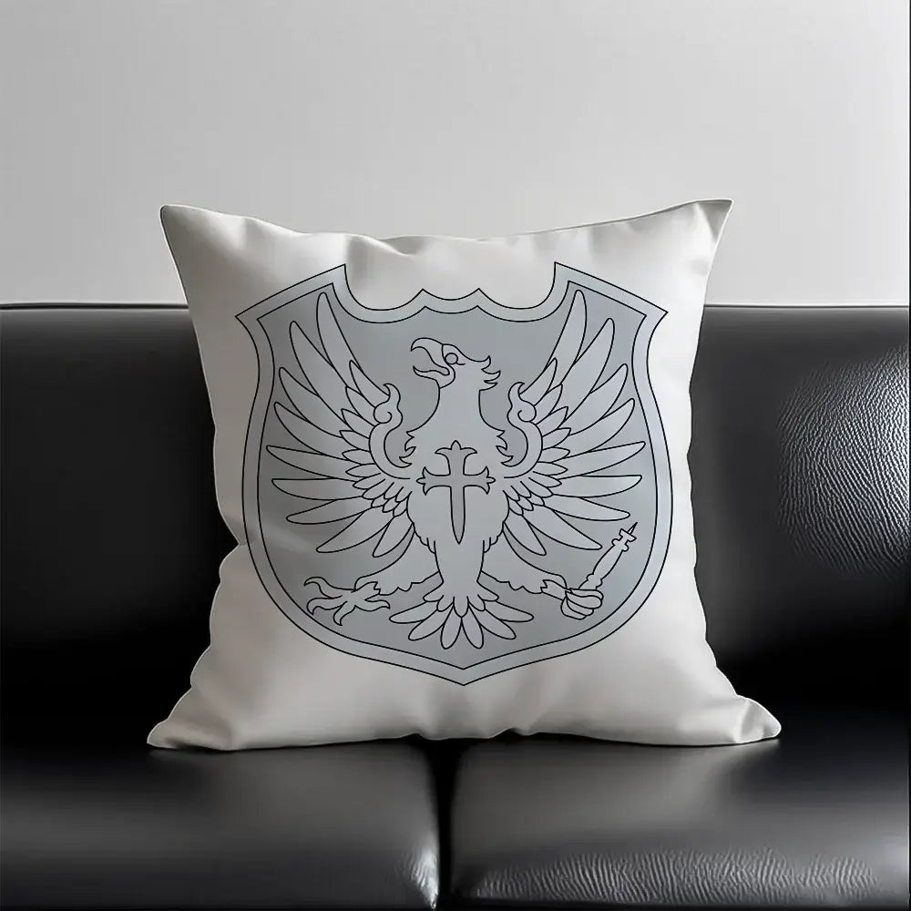 White throw pillow with gray embroidered eagle shield emblem in silky short plush black clover asta pillow case