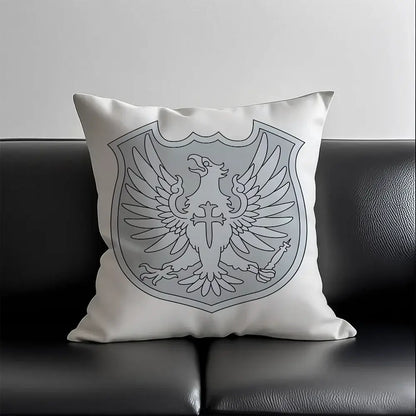 White throw pillow with gray embroidered eagle shield emblem in silky short plush black clover asta pillow case