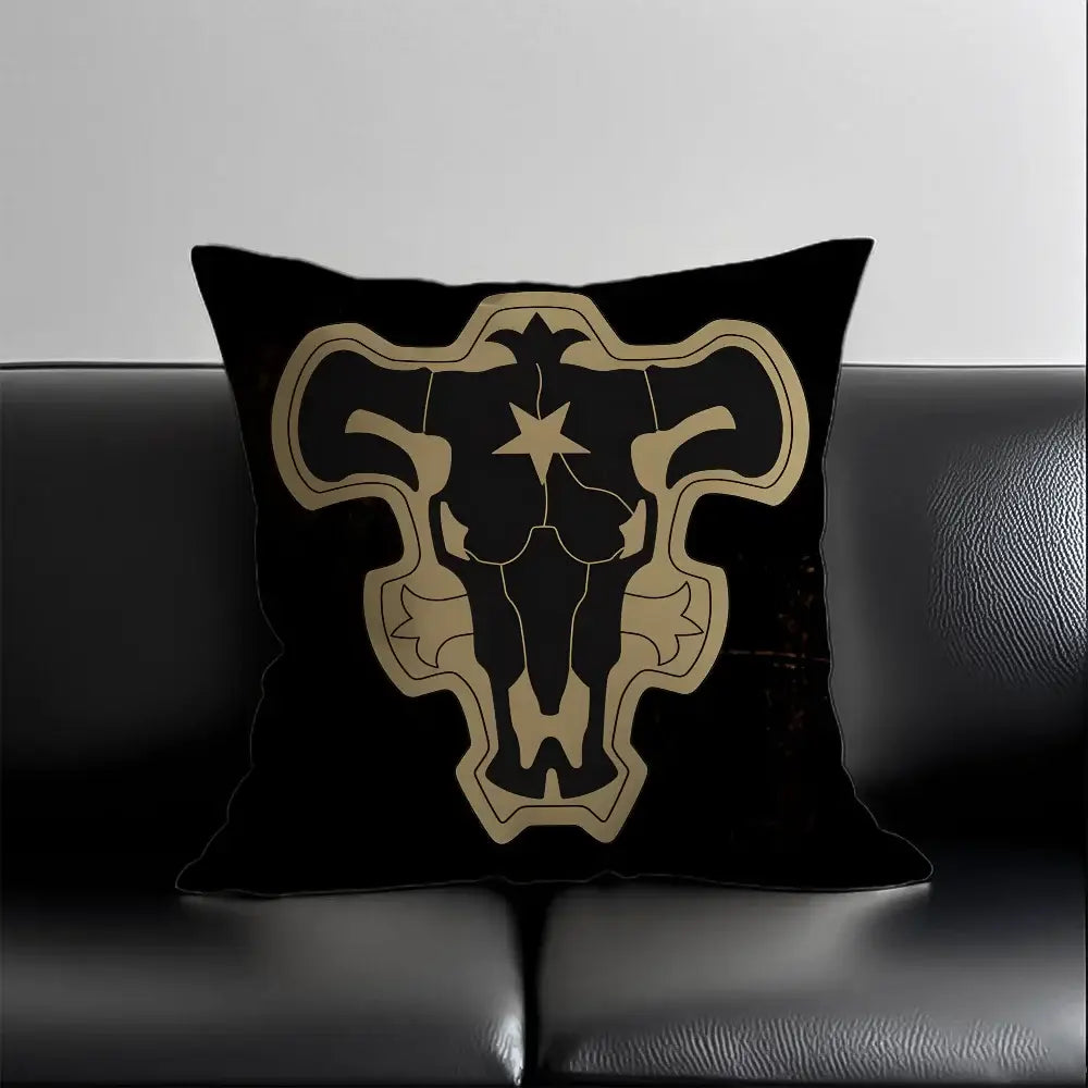 Black clover asta silky short plush pillow case with gold-outlined bull skull emblem and star on black throw pillow