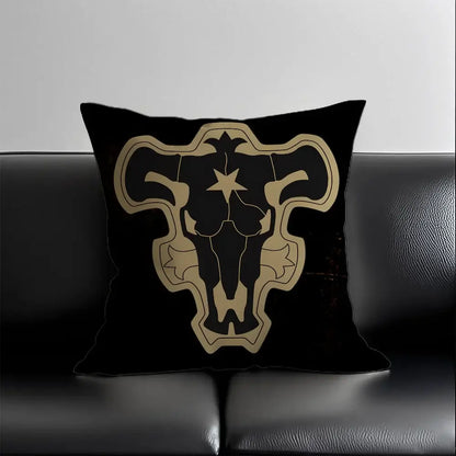 Black clover asta silky short plush pillow case with gold-outlined bull skull emblem and star on black throw pillow