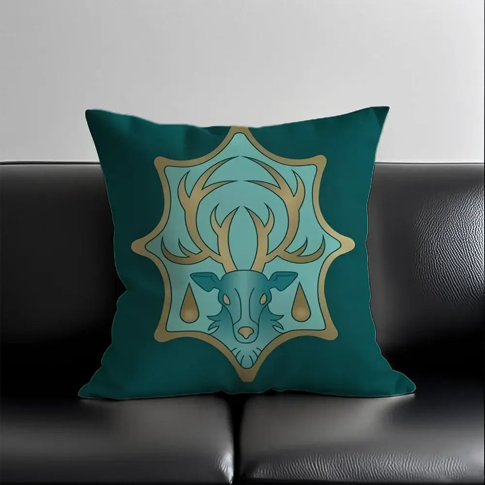 Black clover asta pillow case silky short plush teal cushion with gold deer head emblem and ornate shield design