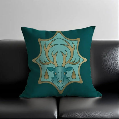 Black clover asta pillow case silky short plush teal cushion with gold deer head emblem and ornate shield design