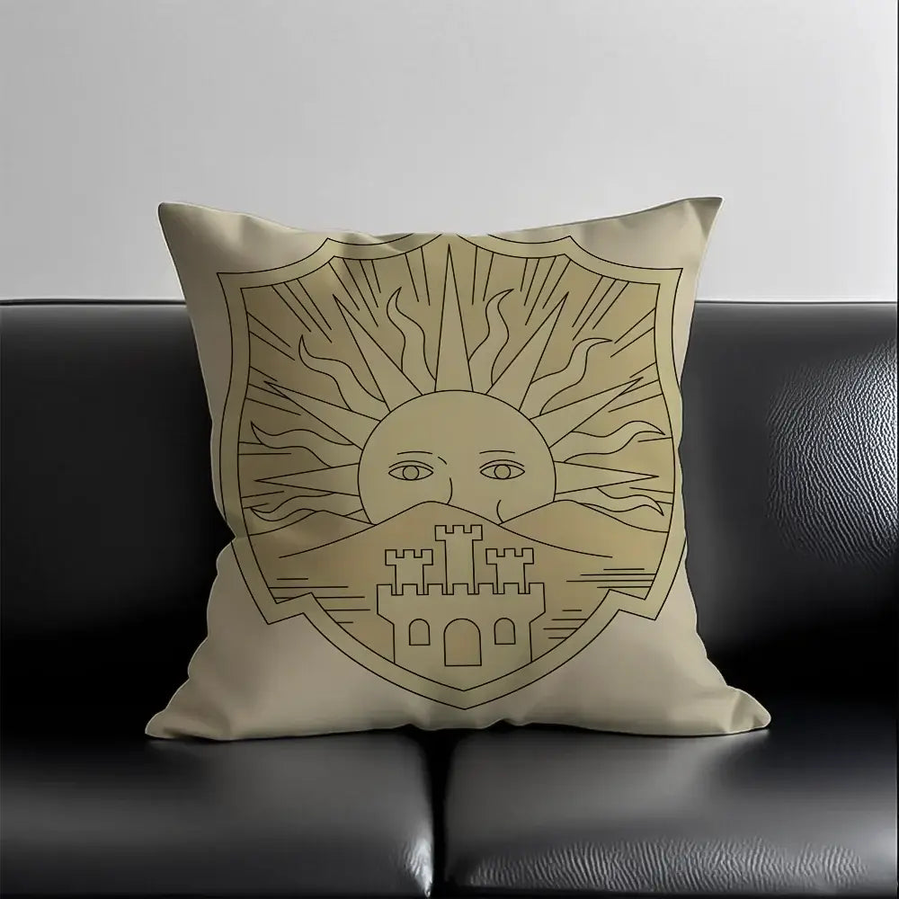 Beige black clover asta pillow case with minimalist gold sun and castle crest design made of silky short plush fabric