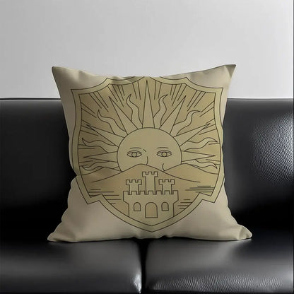 Beige black clover asta pillow case with minimalist gold sun and castle crest design made of silky short plush fabric