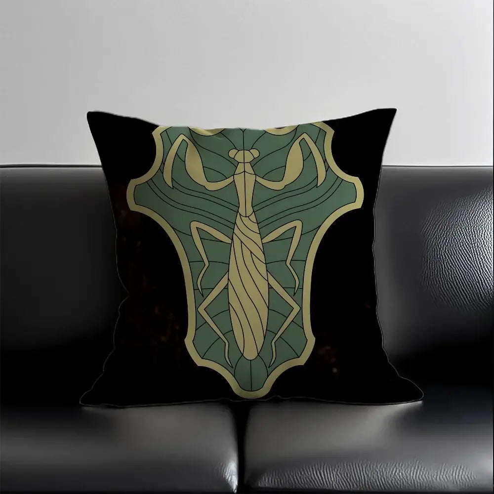 Black clover asta short plush pillow case with silky short black fabric and golden praying mantis on emerald shield
