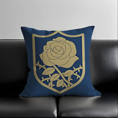 Blue cushion with gold shield emblem featuring a rose and thorns black clover asta silky short plush pillow case