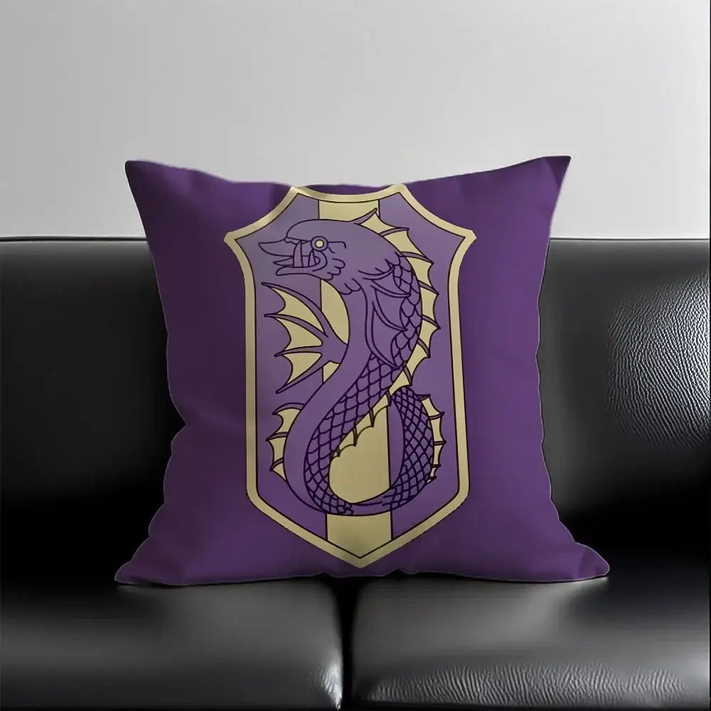 Purple short plush throw pillow with gold-bordered shield emblem and detailed purple dragon design black clover asta