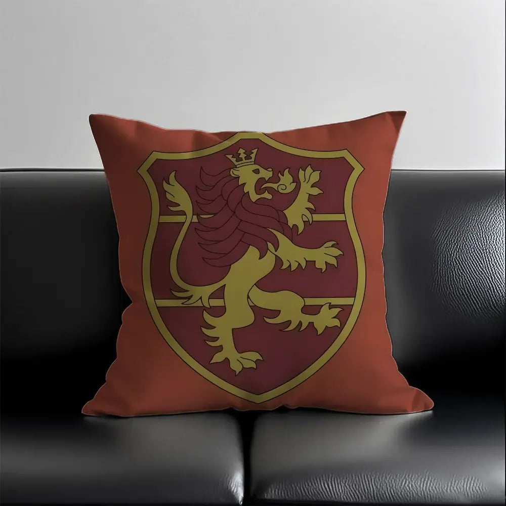 Black clover asta silky short plush pillow case in rust with gold and maroon lion crest and zipper closure