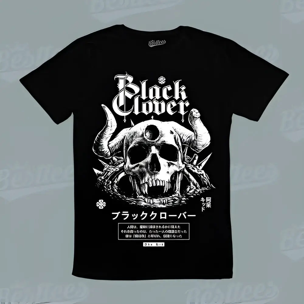 Black clover asta skeleton unisex cotton black t-shirt with detailed white skull horns bold graphic design