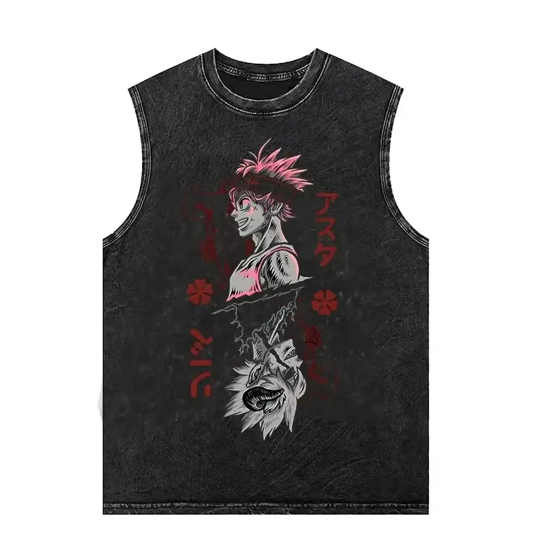 Black clover Asta sleeveless tank top in washed vintage black featuring pink hair graphic and red Japanese text