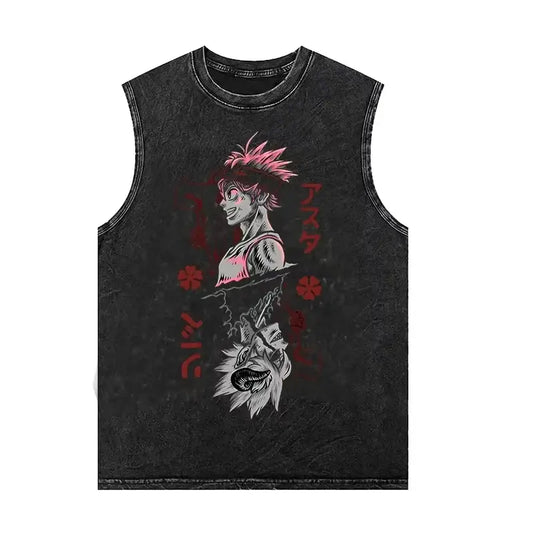 Black clover Asta sleeveless tank top in washed vintage black featuring pink hair graphic and red Japanese text