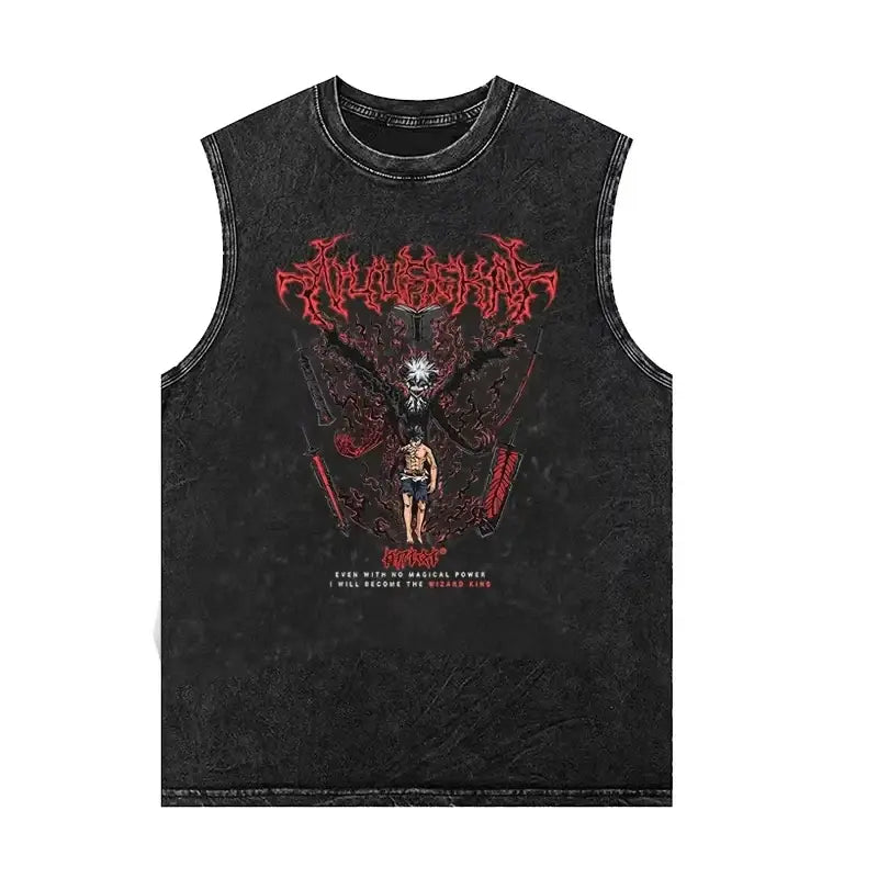Black clover asta sleeveless tank top with washed vintage look and red gothic magical graphic on black denim texture