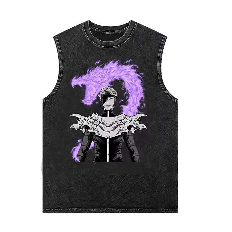 Black clover asta sleeveless tank top in washed vintage black featuring purple flames and white armor anime graphic