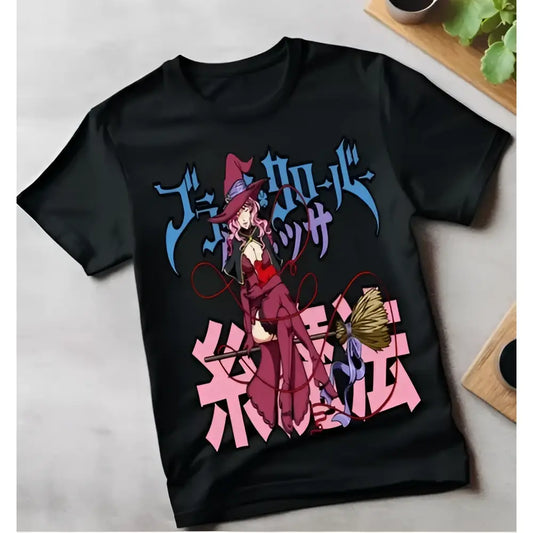 Black clover asta black t-shirt featuring a vibrant anime witch design with stylized japanese text in red and purple
