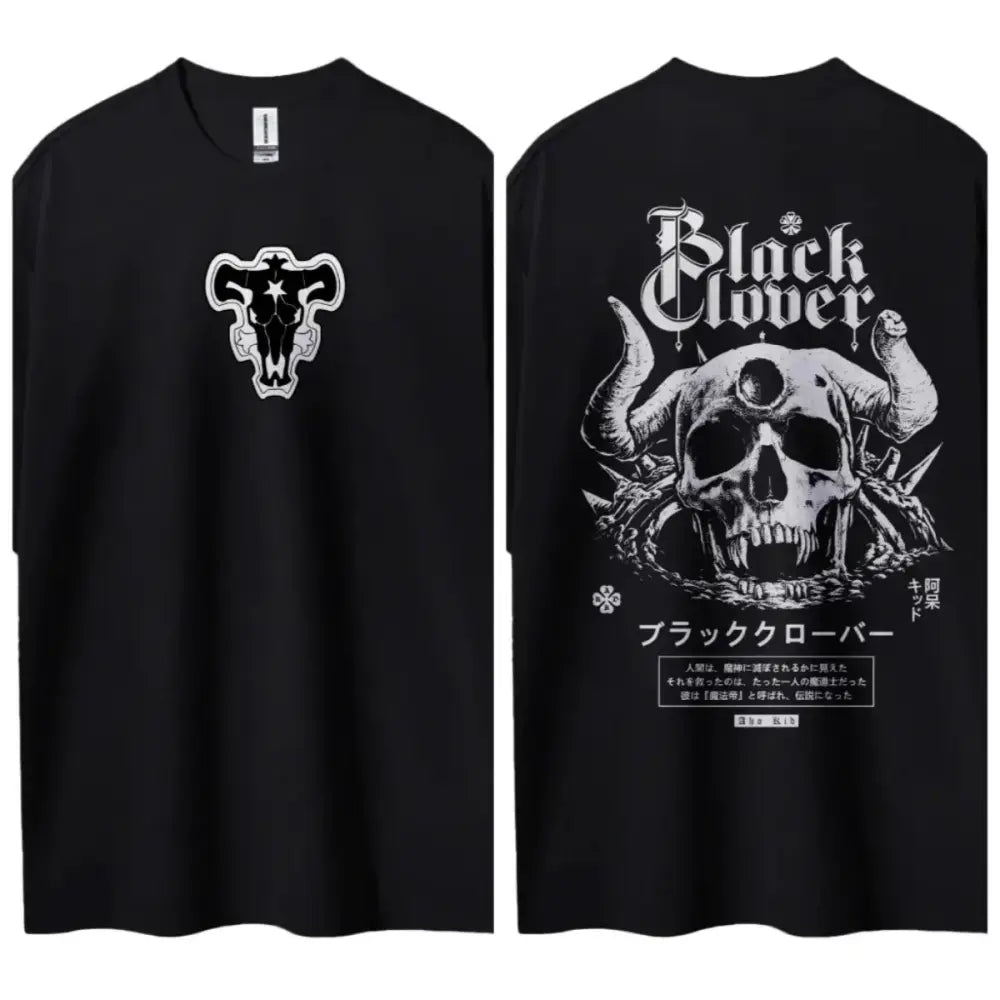 Black clover asta pure cotton black round neck t-shirt with white bull head front and skull horn design back image