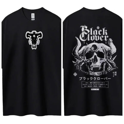 Black clover asta pure cotton black round neck t-shirt with white bull head front and skull horn design back image