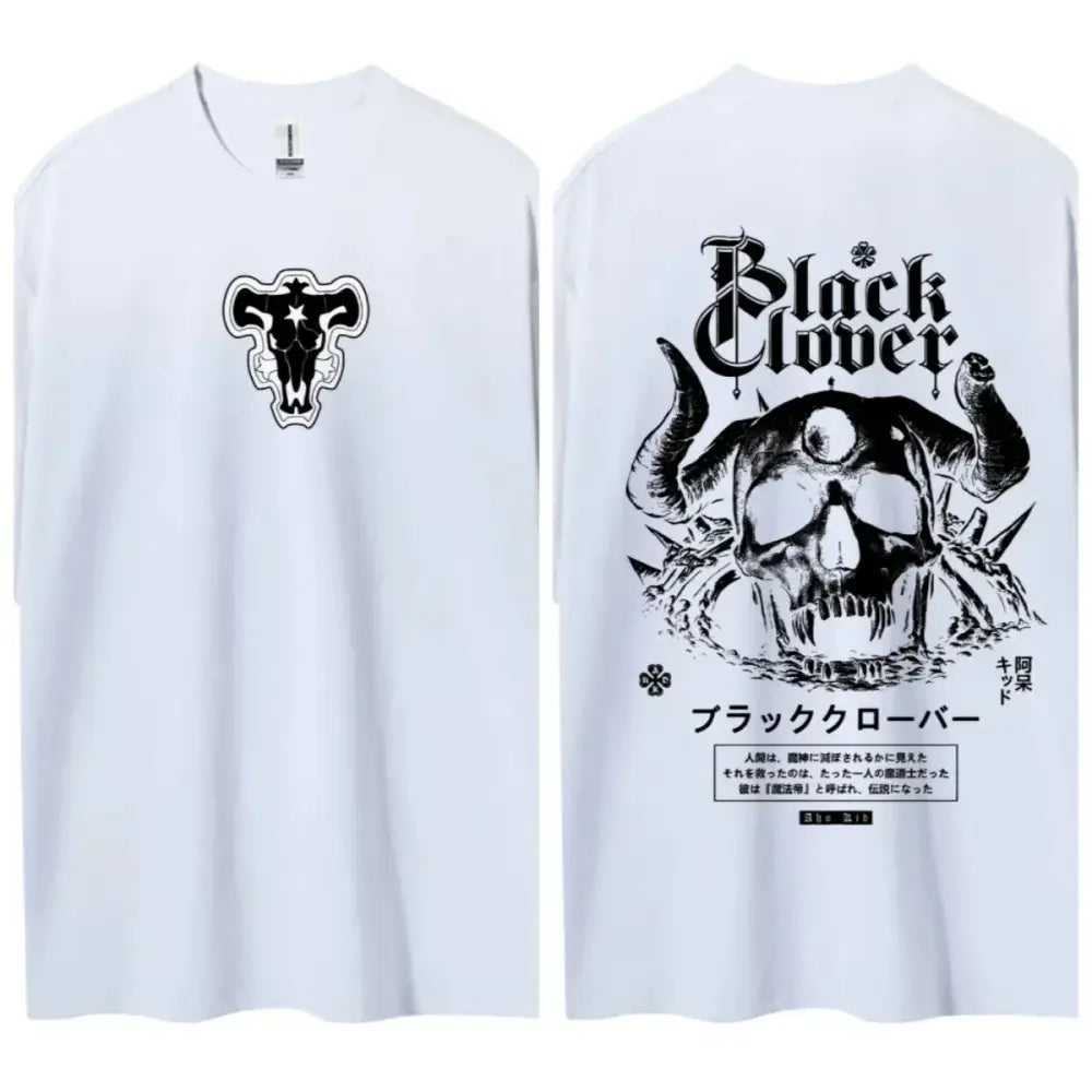 White pure cotton round neck black clover t-shirt with black ink bull emblem front and skull design back