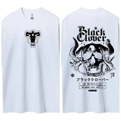 White pure cotton round neck black clover t-shirt with black ink bull emblem front and skull design back