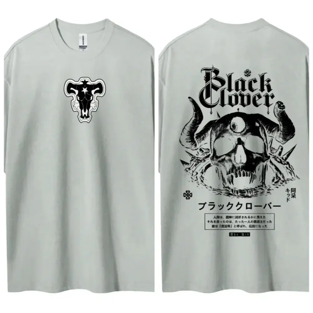 Light gray black clover asta t-shirt with black graphic skull prints pure cotton round neck short sleeves