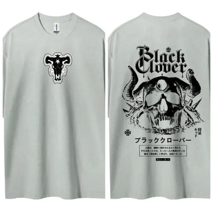 Light gray black clover asta t-shirt with black graphic skull prints pure cotton round neck short sleeves