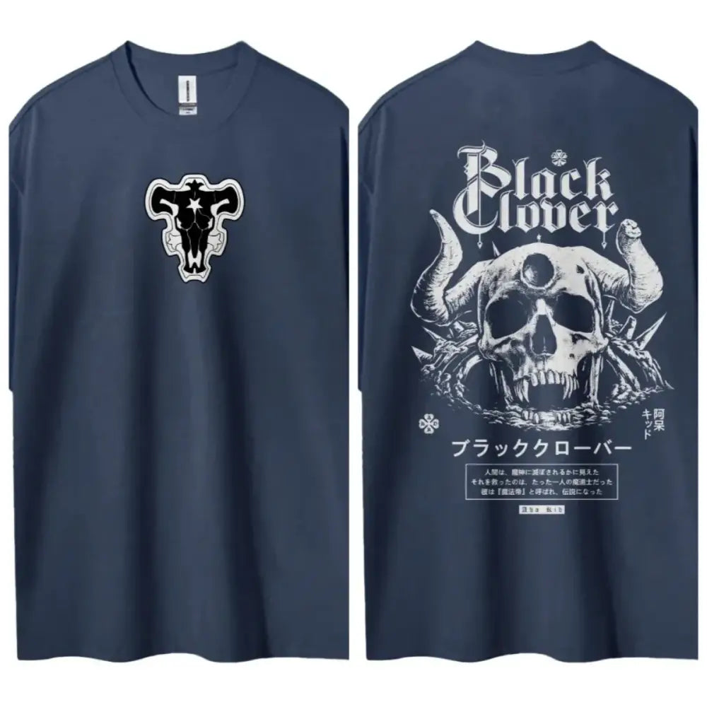 Navy blue black clover asta pure cotton round neck t-shirt with white skull horns on back and black and white emblem front