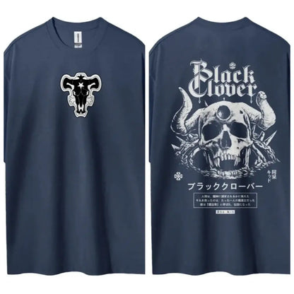 Navy blue black clover asta pure cotton round neck t-shirt with white skull horns on back and black and white emblem front