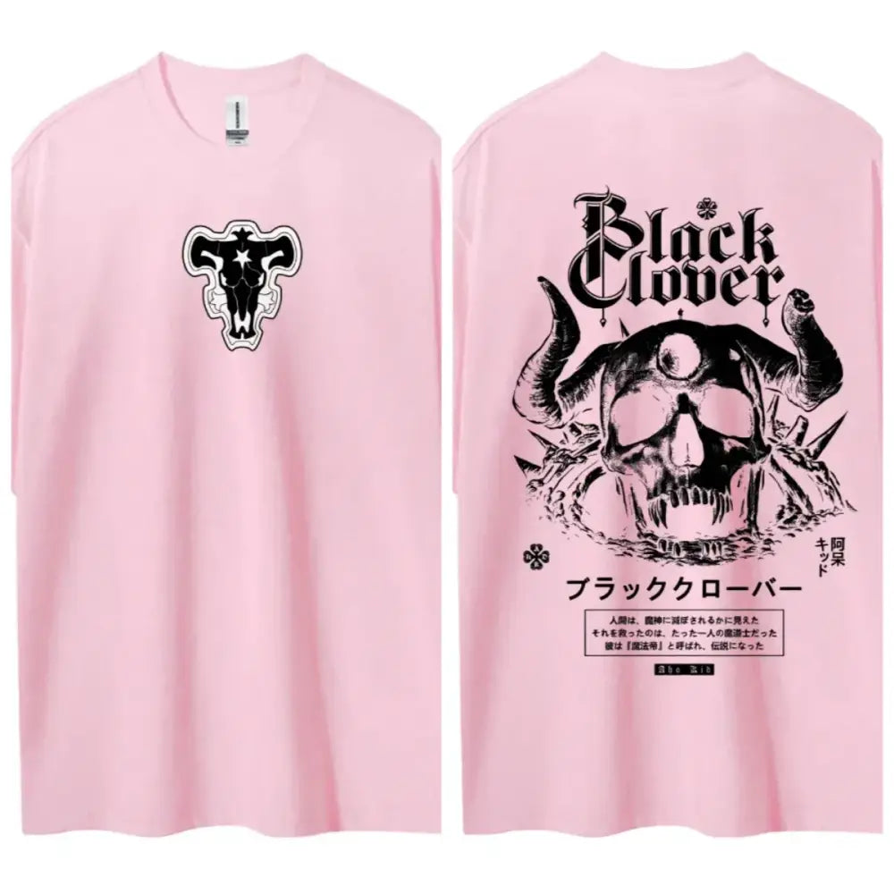 Black clover asta t-shirt in pink with pure cotton round neck featuring front logo and back skull horn design seen from back
