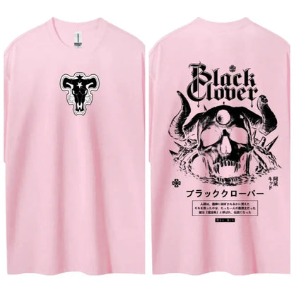 Black clover asta t-shirt in pink with pure cotton round neck featuring front logo and back skull horn design seen from back