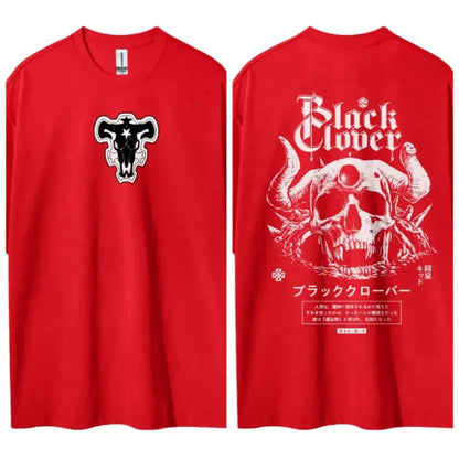 Red short-sleeved black clover asta t-shirt in pure cotton with round neck, skull horn design on back side